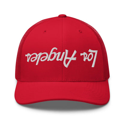 Upside Down Los Angeles LA Vintage Sports Script Embroidered Mesh Trucker Hat - Red