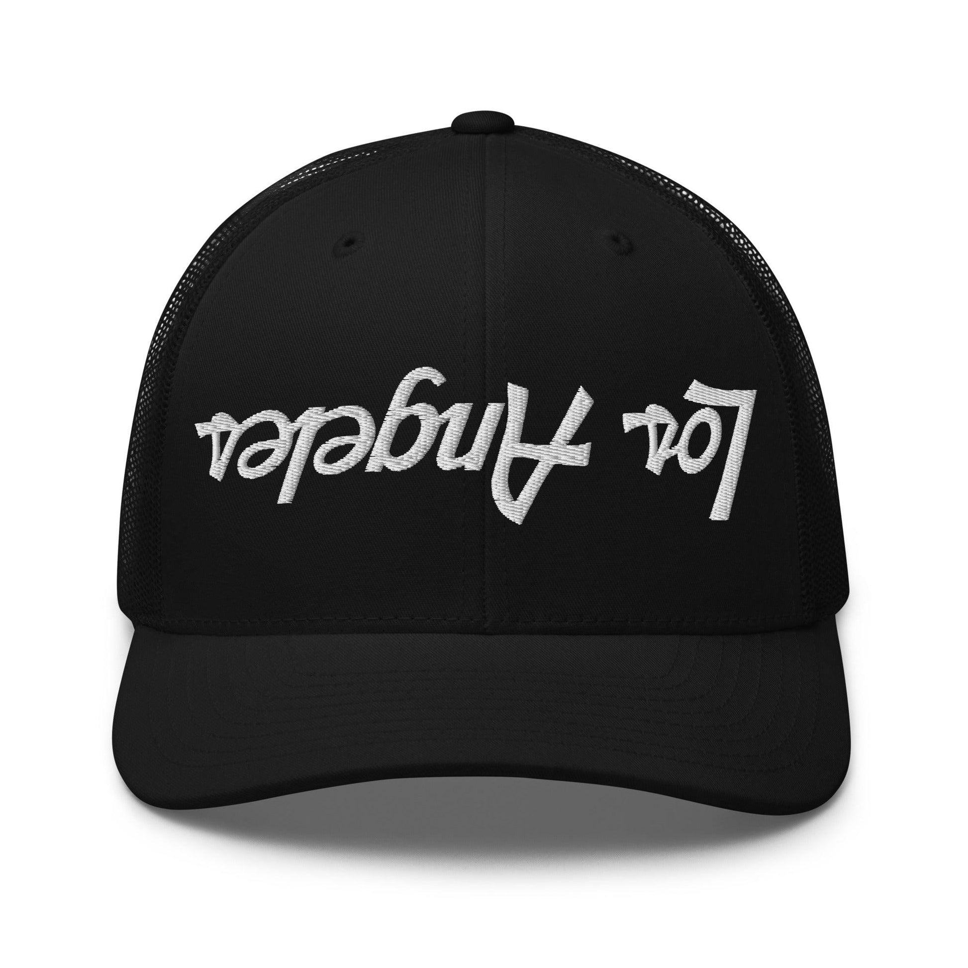 Upside Down Los Angeles LA Vintage Sports Script Embroidered Mesh Trucker Hat - Black