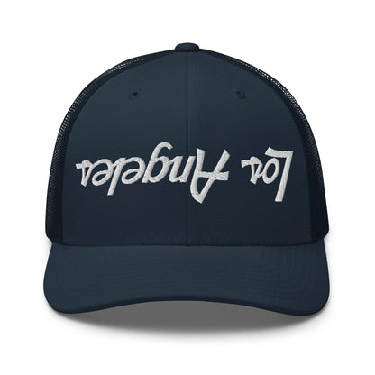 Upside Down Los Angeles LA Vintage Sports Script Embroidered Mesh Trucker Hat - Navy
