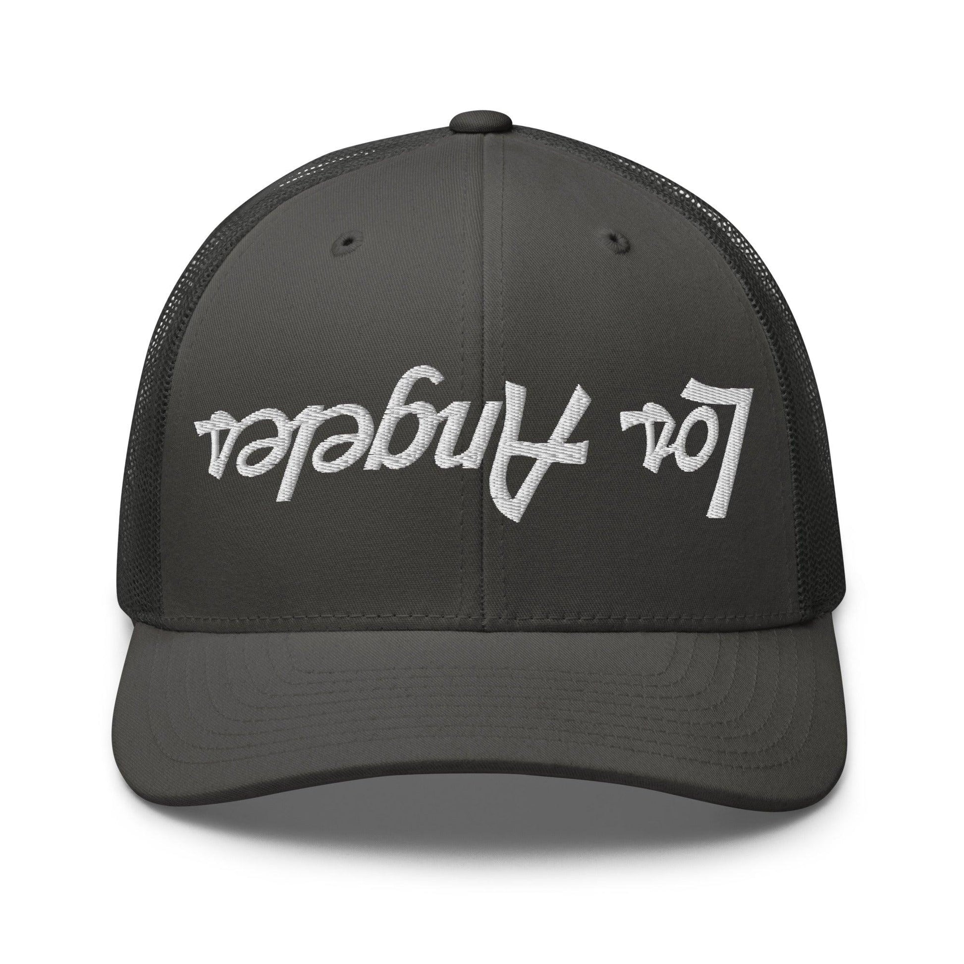 Upside Down Los Angeles LA Vintage Sports Script Embroidered Mesh Trucker Hat - Charcoal