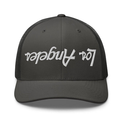 Upside Down Los Angeles LA Vintage Sports Script Embroidered Mesh Trucker Hat - Charcoal