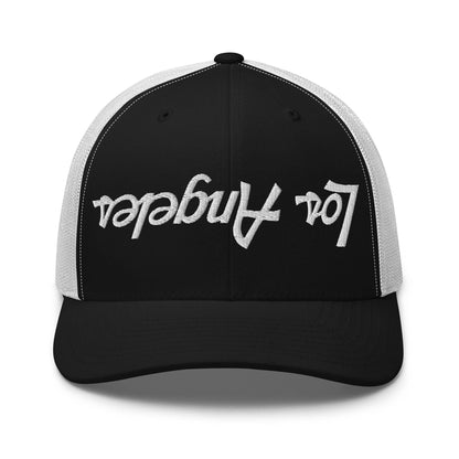 Upside Down Los Angeles LA Vintage Sports Script Embroidered Mesh Trucker Hat - Black/ White