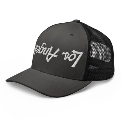 Upside Down Los Angeles LA Vintage Sports Script Embroidered Mesh Trucker Hat