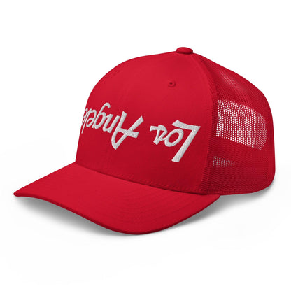 Upside Down Los Angeles LA Vintage Sports Script Embroidered Mesh Trucker Hat