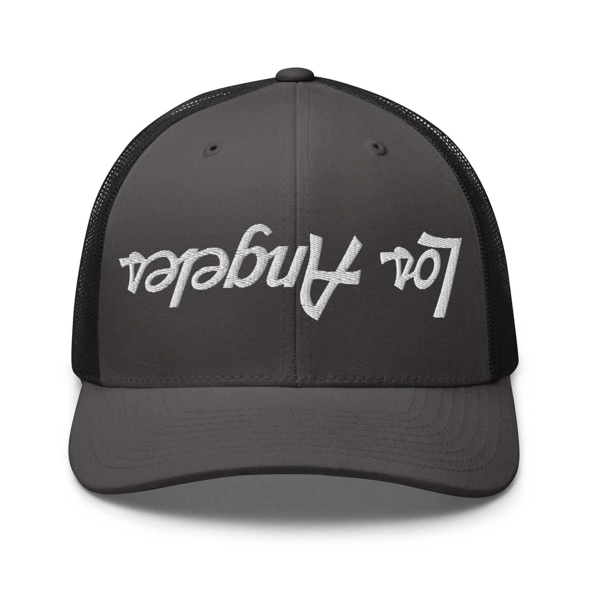 Upside Down Los Angeles LA Vintage Sports Script Embroidered Mesh Trucker Hat - Charcoal/ Black
