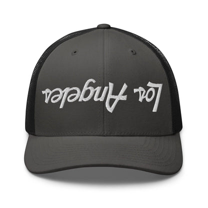 Upside Down Los Angeles LA Vintage Sports Script Embroidered Mesh Trucker Hat - Charcoal/ Black