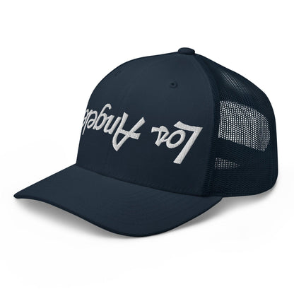 Upside Down Los Angeles LA Vintage Sports Script Embroidered Mesh Trucker Hat