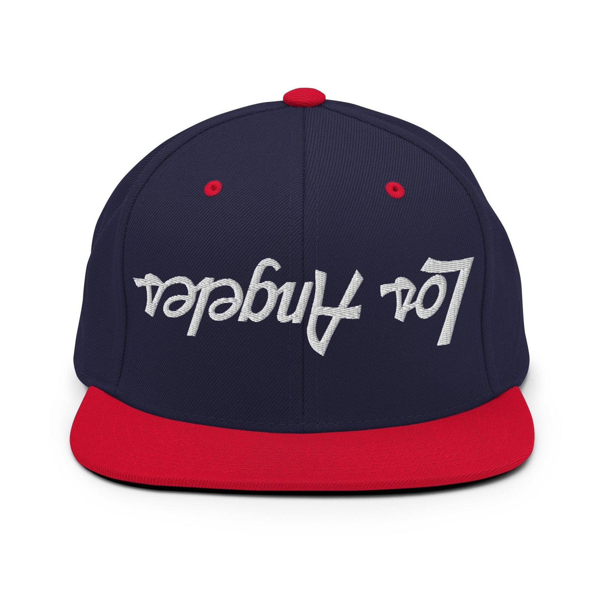 Upside Down Los Angeles LA Vintage Sports Script Flat Bill Brim Snapback Hat - Navy/ Red