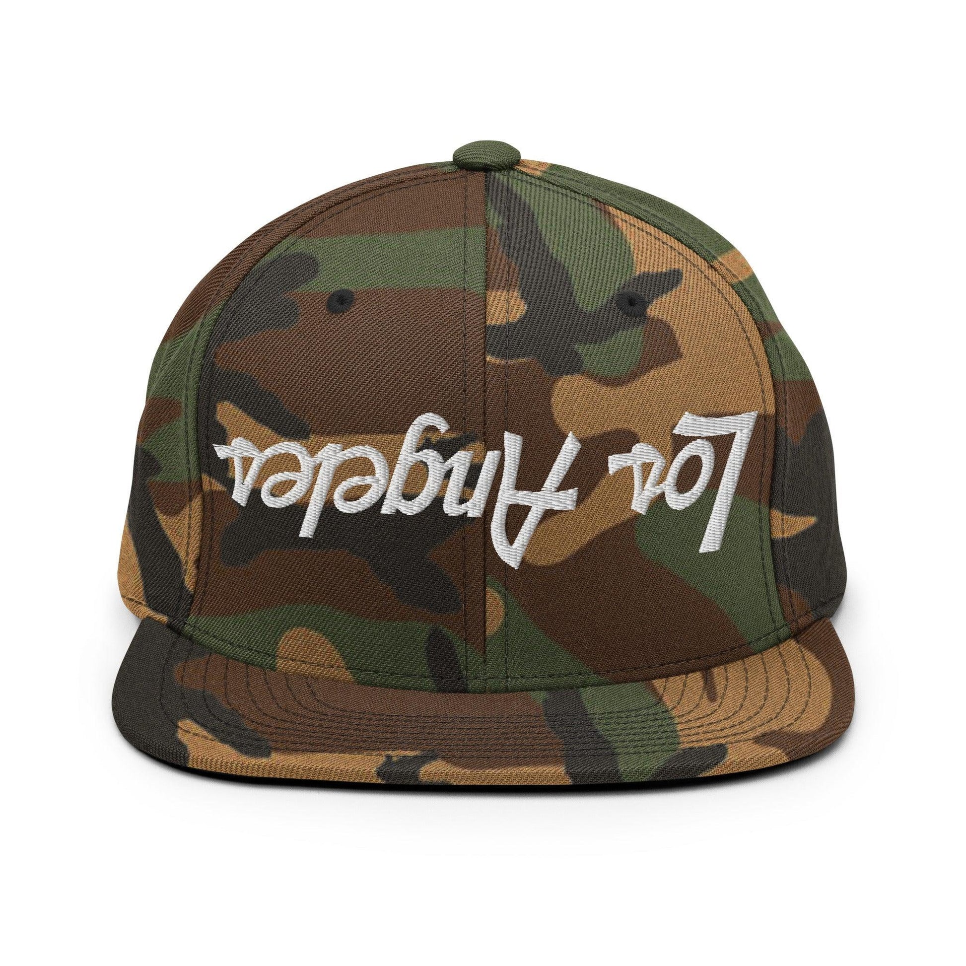 Upside Down Los Angeles LA Vintage Sports Script Flat Bill Brim Snapback Hat - Green Camo