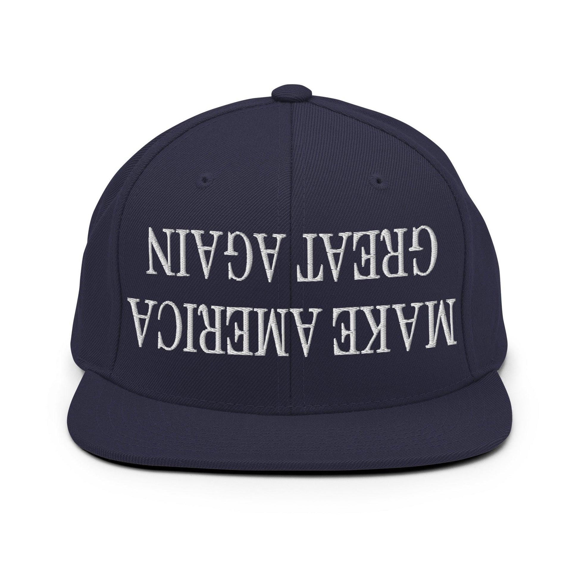Upside Down Make America Great Again MAGA Embroidered Flat Bill Brim Snapback Hat - Navy