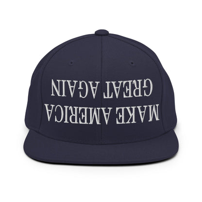 Upside Down Make America Great Again MAGA Embroidered Flat Bill Brim Snapback Hat - Navy