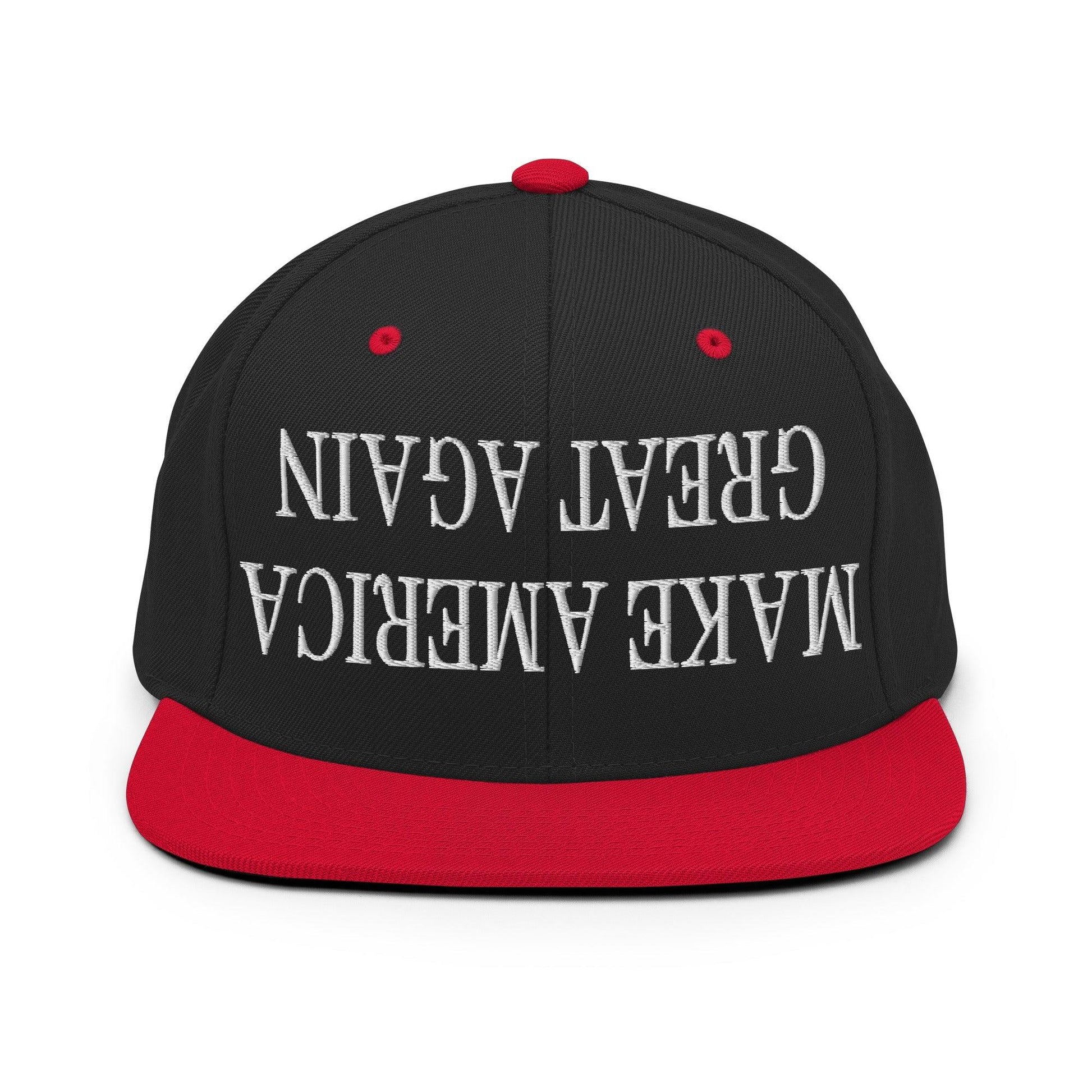 Upside Down Make America Great Again MAGA Embroidered Flat Bill Brim Snapback Hat - Black/ Red