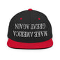 Upside Down Make America Great Again MAGA Embroidered Flat Bill Brim Snapback Hat - Black/ Red