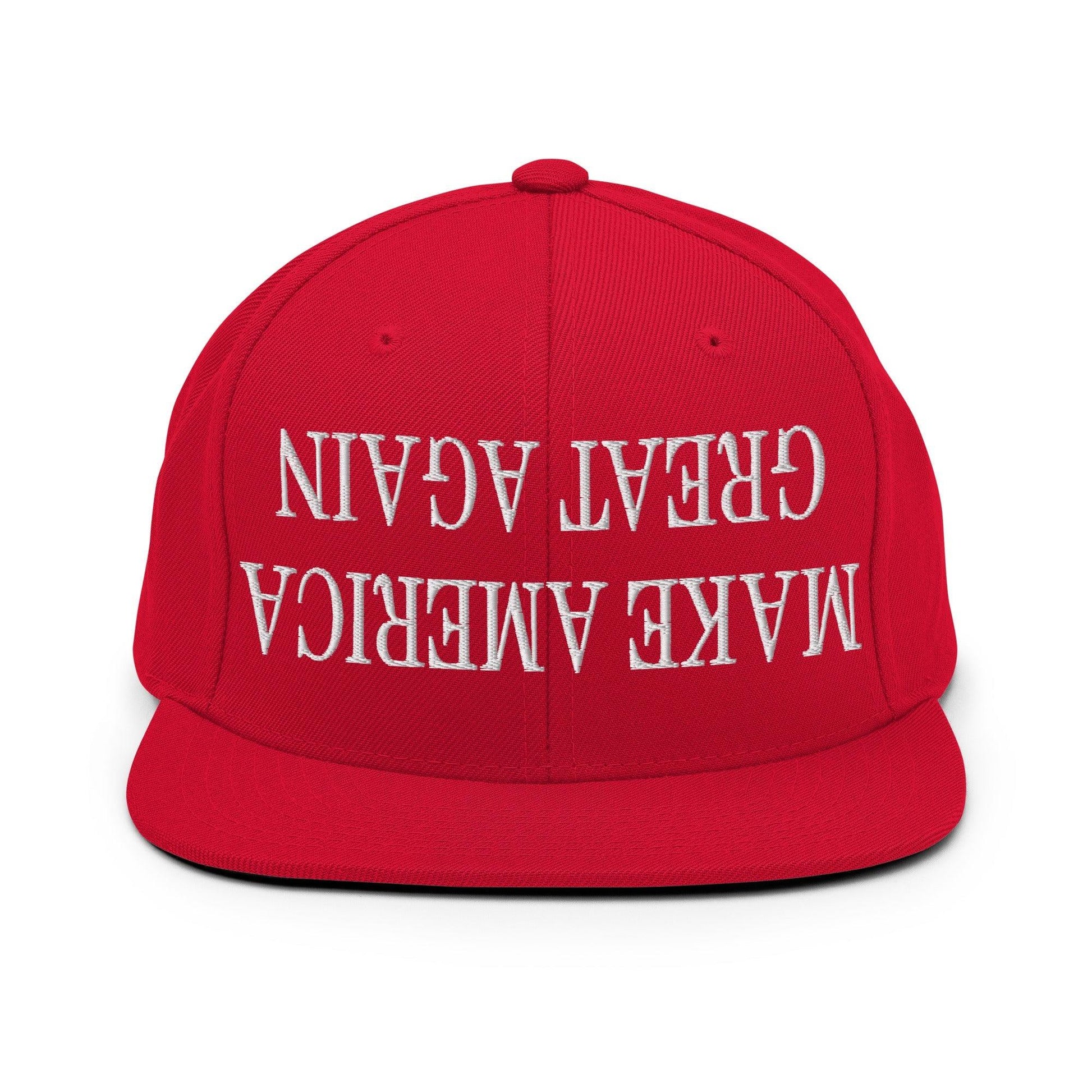 Upside Down Make America Great Again MAGA Embroidered Flat Bill Brim Snapback Hat - Red