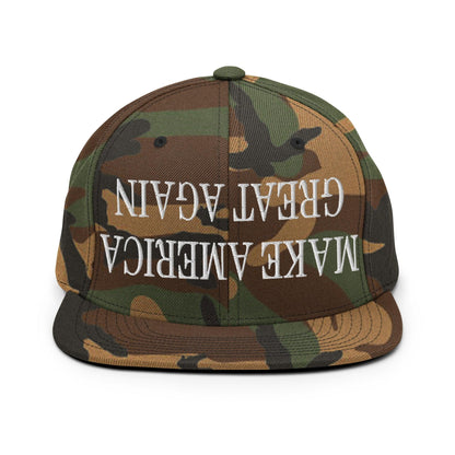 Upside Down Make America Great Again MAGA Embroidered Flat Bill Brim Snapback Hat - Green Camo