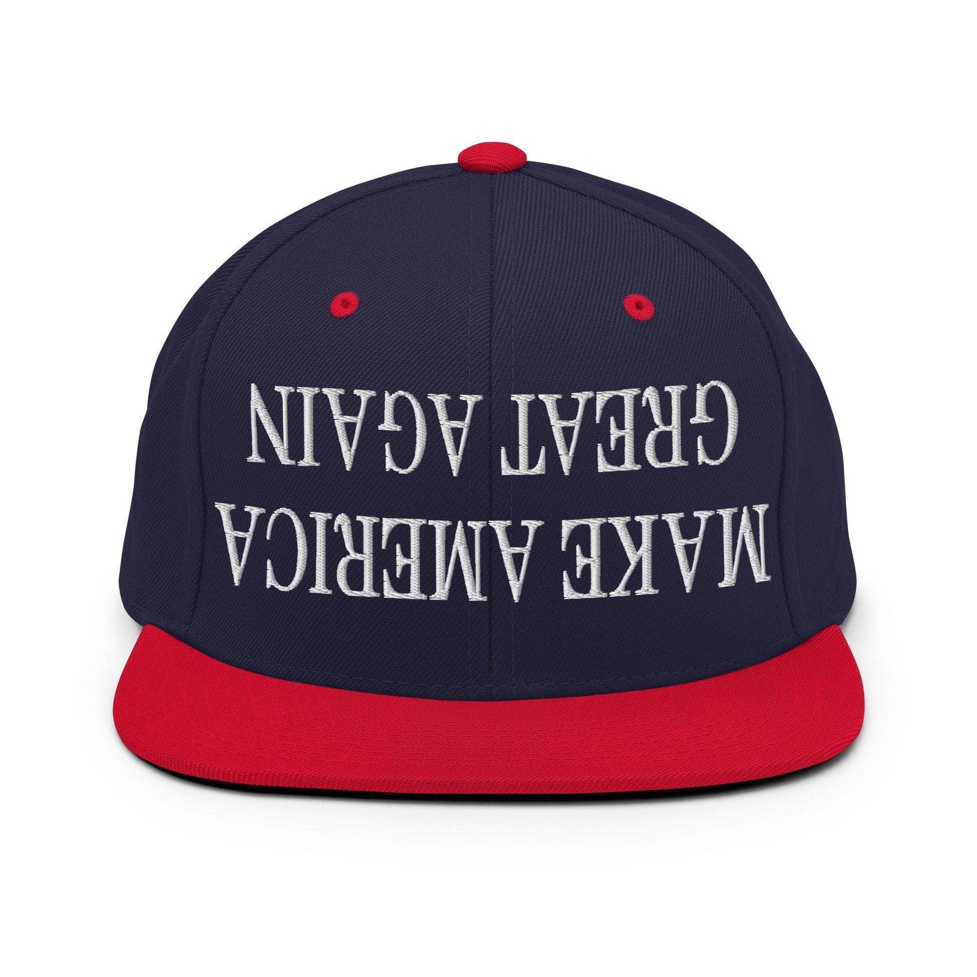 Upside Down Make America Great Again MAGA Embroidered Flat Bill Brim Snapback Hat - Navy/ Red