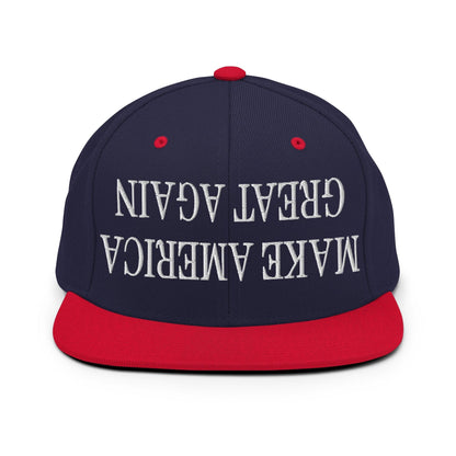 Upside Down Make America Great Again MAGA Embroidered Flat Bill Brim Snapback Hat - Navy/ Red