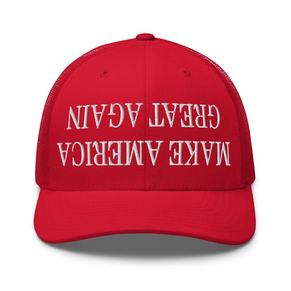 Upside Down Make America Great Again MAGA Embroidered Mesh Trucker Hat - Red