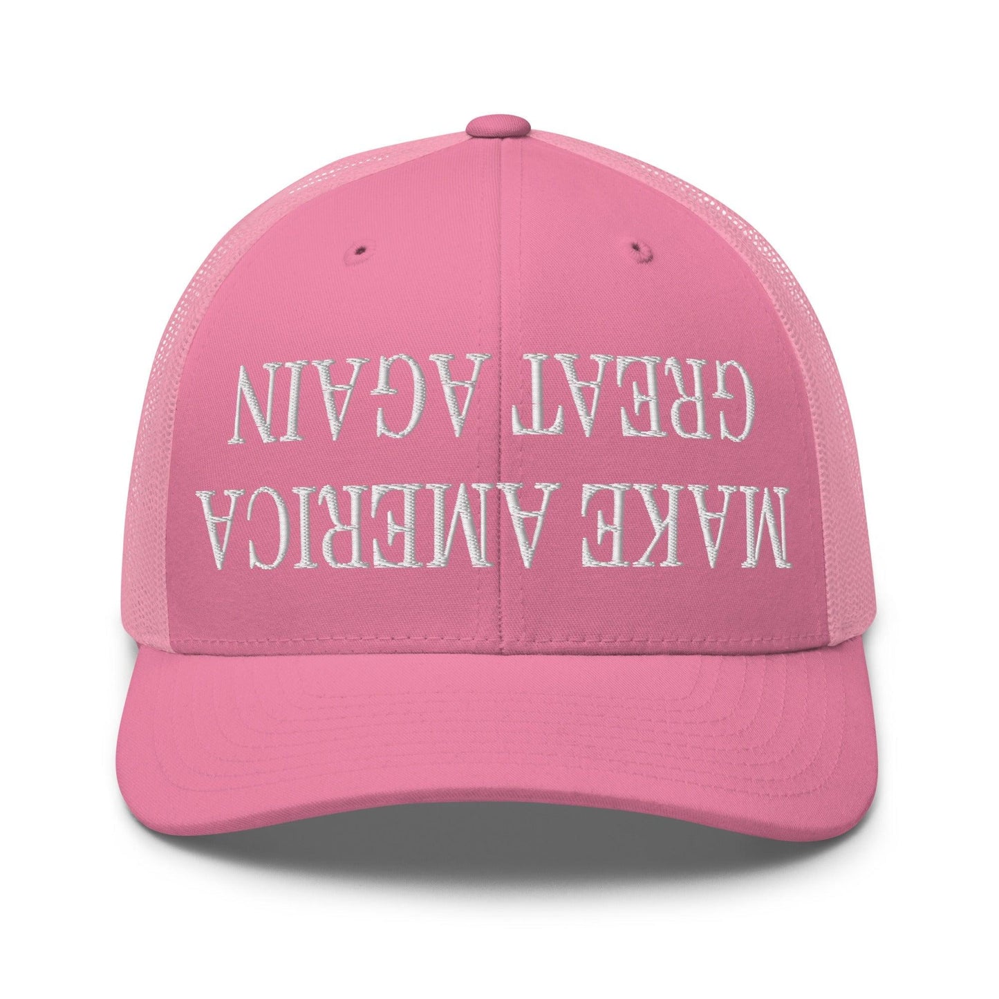 Upside Down Make America Great Again MAGA Embroidered Mesh Trucker Hat - Pink