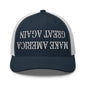 Upside Down Make America Great Again MAGA Embroidered Mesh Trucker Hat - Navy/ White