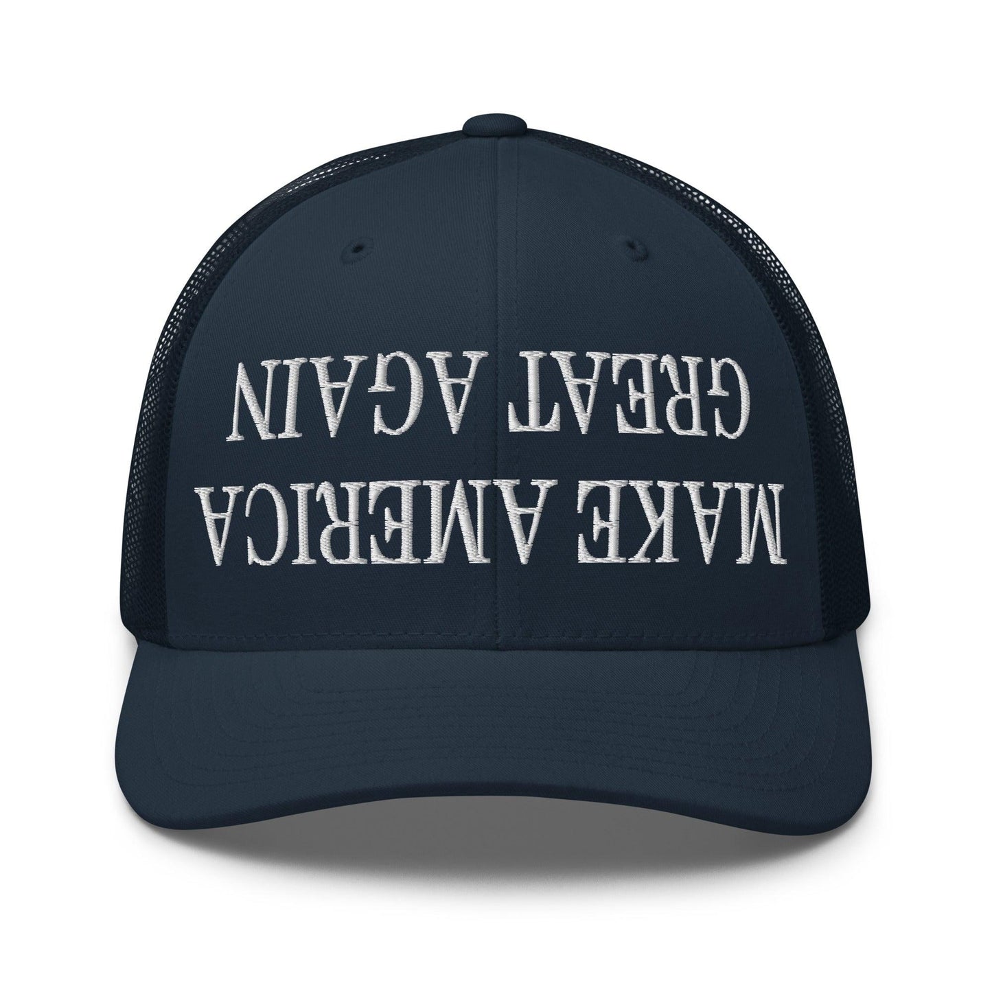 Upside Down Make America Great Again MAGA Embroidered Mesh Trucker Hat - Navy