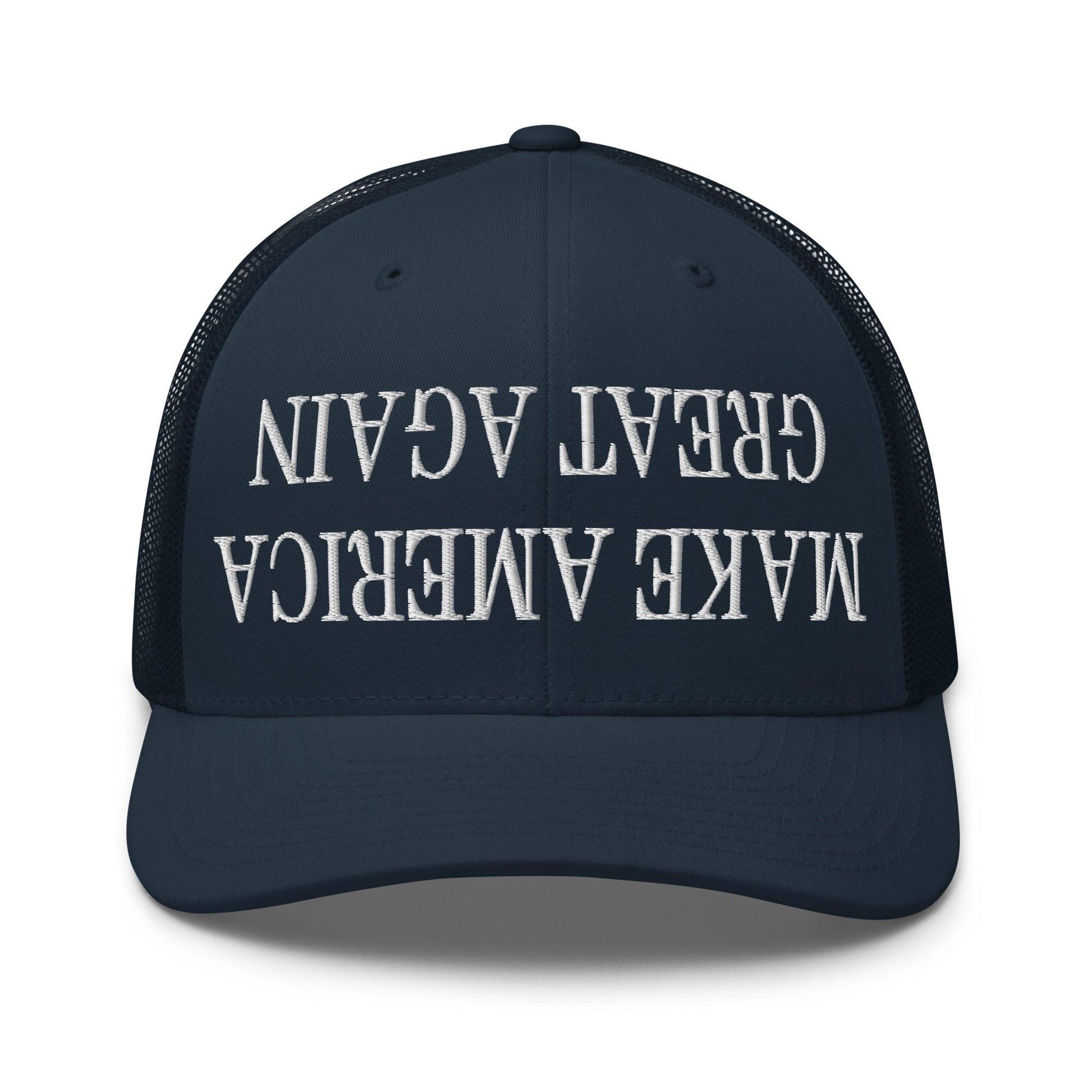 Upside Down Make America Great Again MAGA Embroidered Mesh Trucker Hat - Navy
