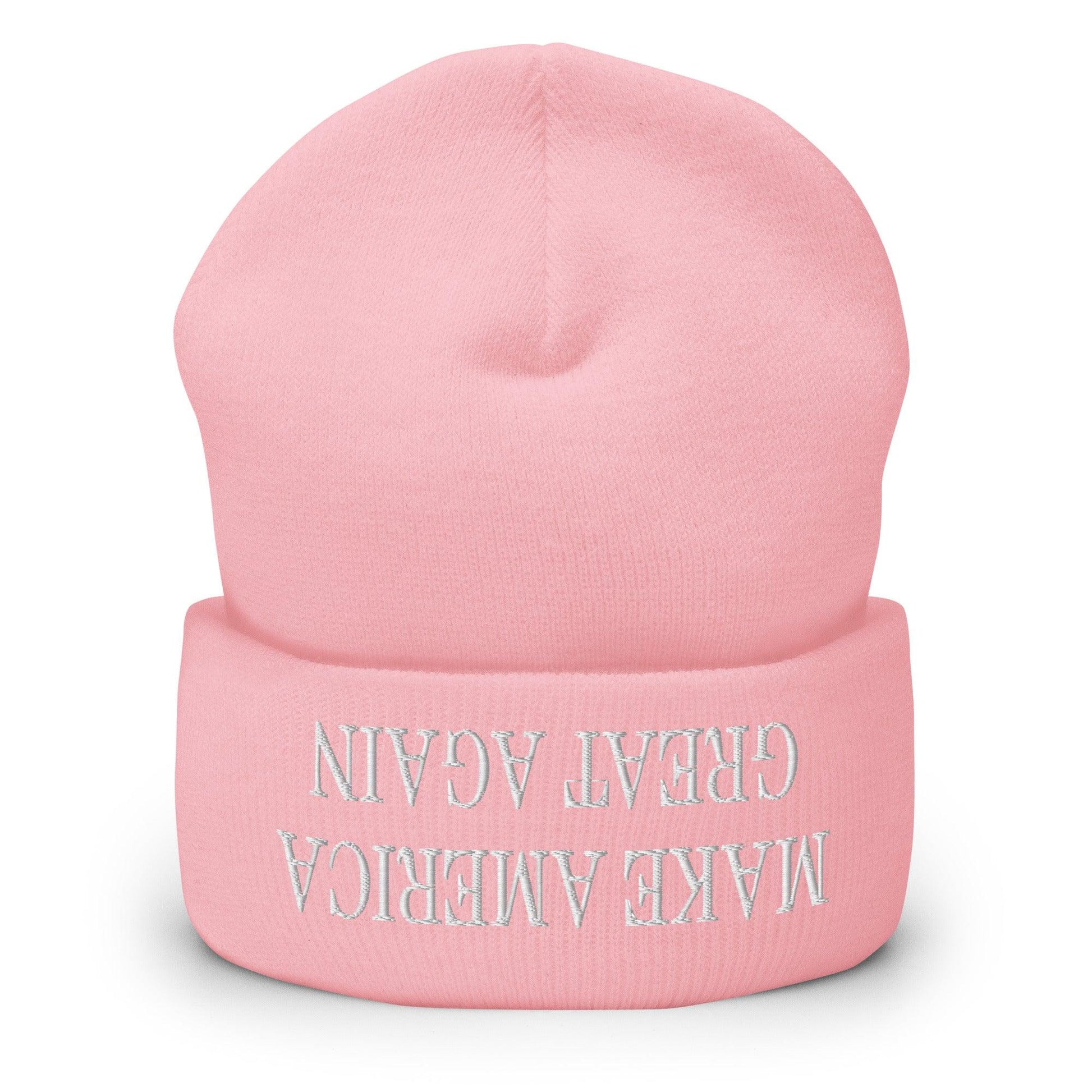 Upside Down Make America Great Again MAGA Knit Cuffed Beanie - Baby Pink