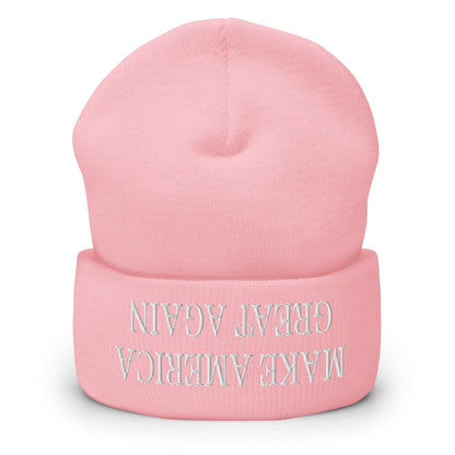 Upside Down Make America Great Again MAGA Knit Cuffed Beanie - Baby Pink