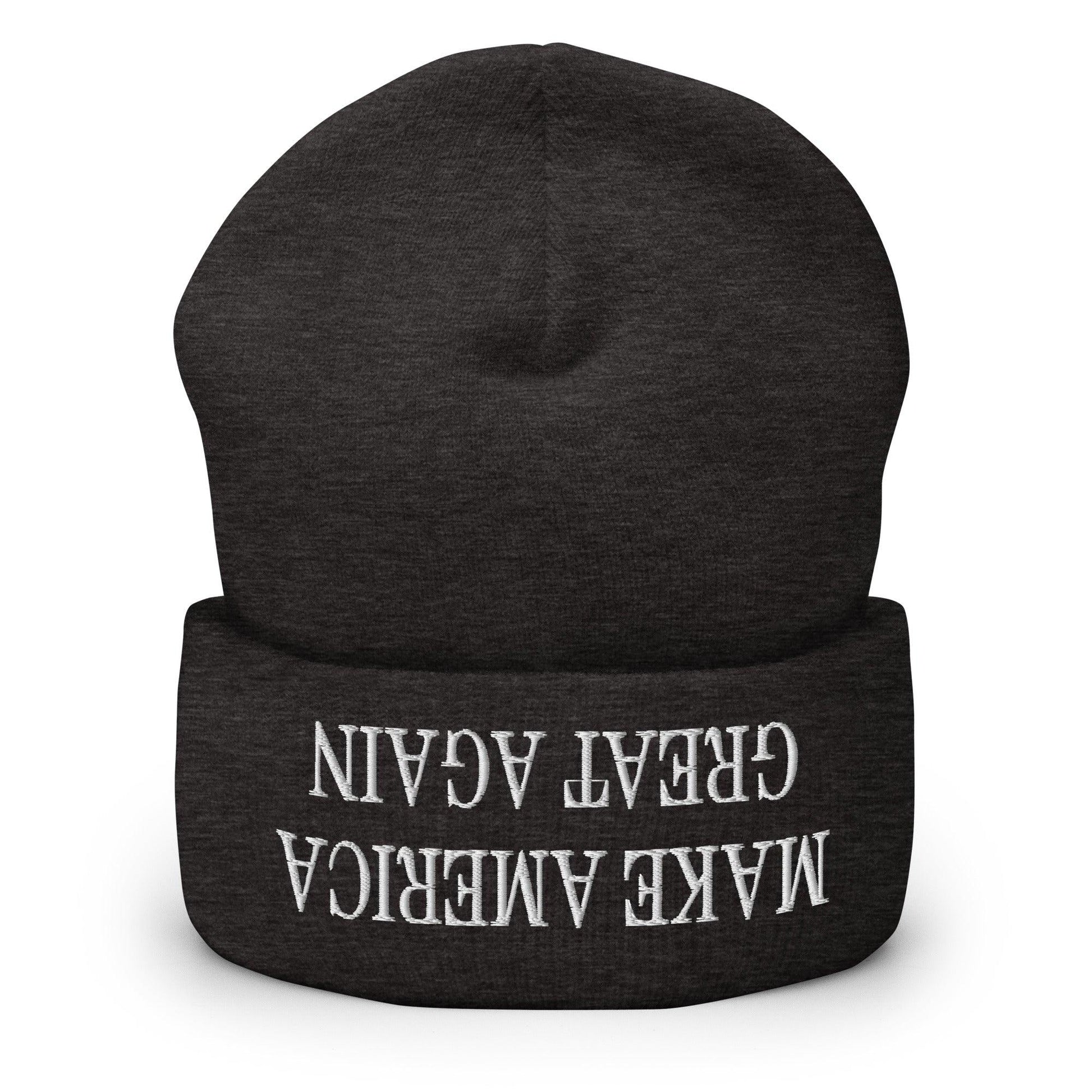 Upside Down Make America Great Again MAGA Knit Cuffed Beanie - Dark Grey