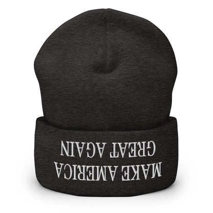 Upside Down Make America Great Again MAGA Knit Cuffed Beanie - Dark Grey