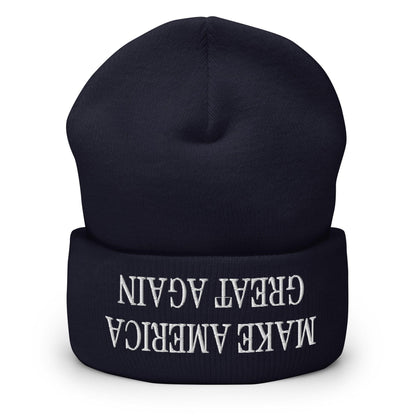 Upside Down Make America Great Again MAGA Knit Cuffed Beanie - Navy