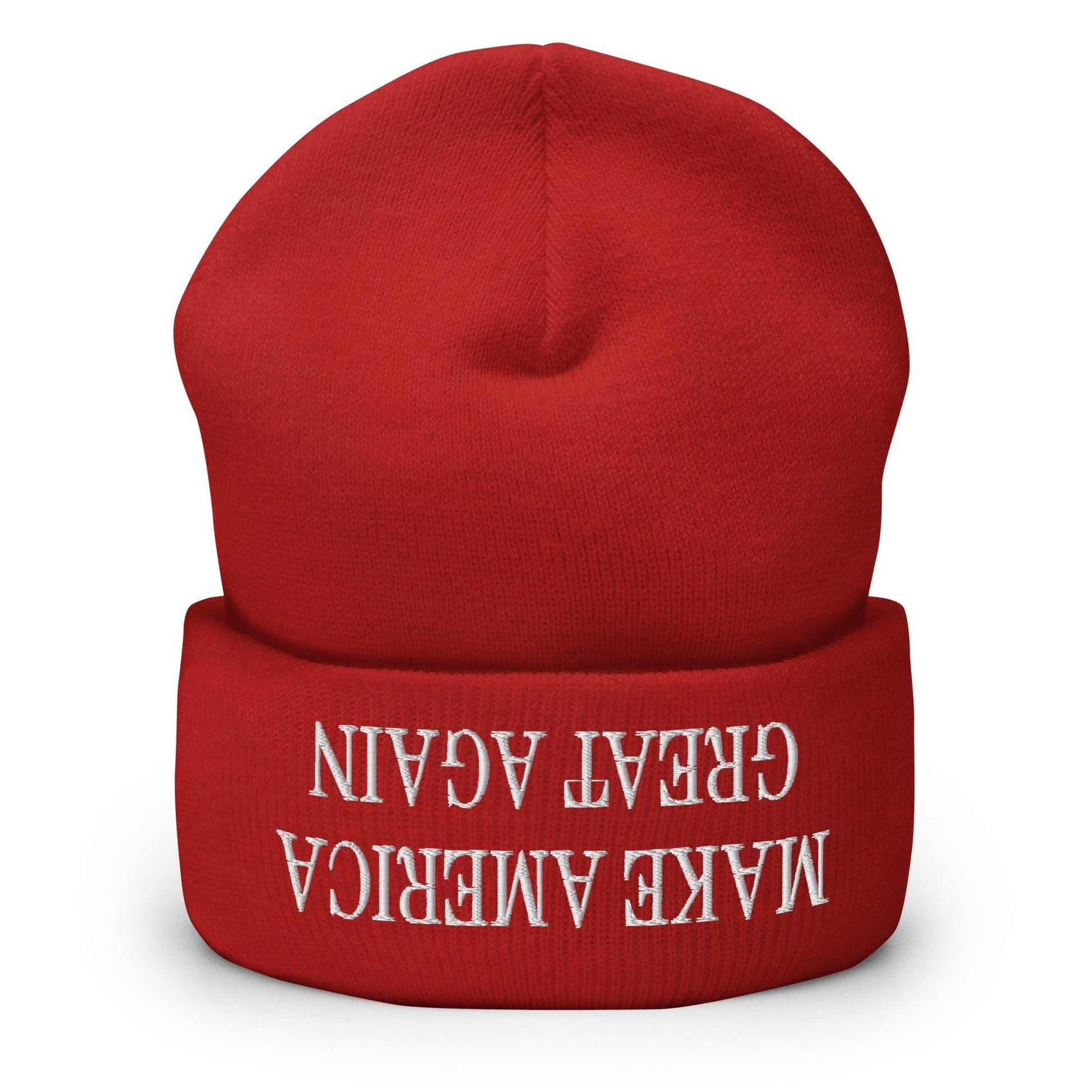 Upside Down Make America Great Again MAGA Knit Cuffed Beanie - Red