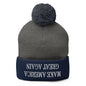 Upside Down Make America Great Again MAGA Knit Pom Beanie - Dark Heather Grey/ Navy