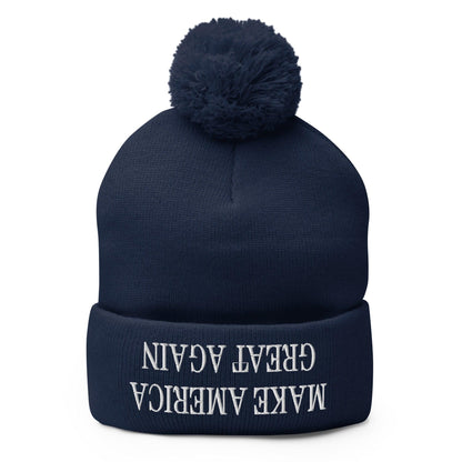 Upside Down Make America Great Again MAGA Knit Pom Beanie - Navy
