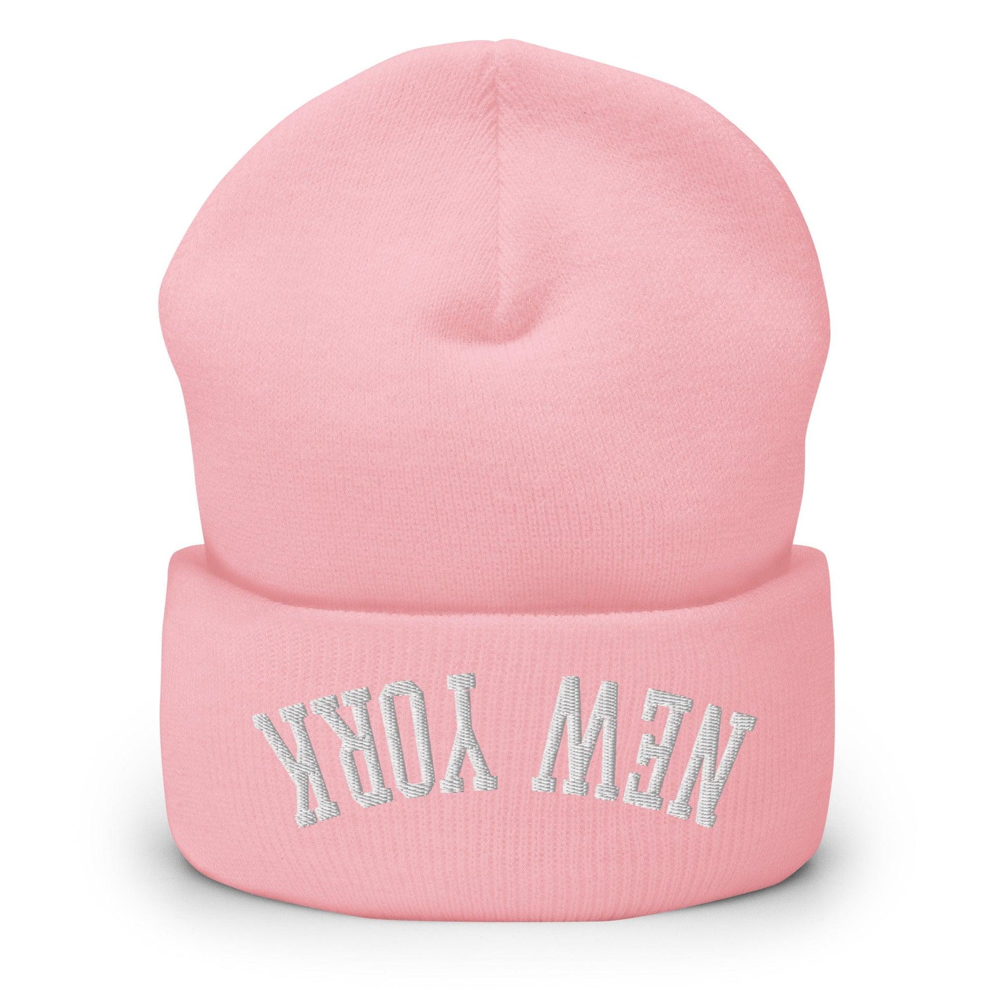 Upside Down New York Embroidered Knit Cuffed Beanie - Baby Pink
