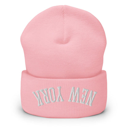 Upside Down New York Embroidered Knit Cuffed Beanie - Baby Pink