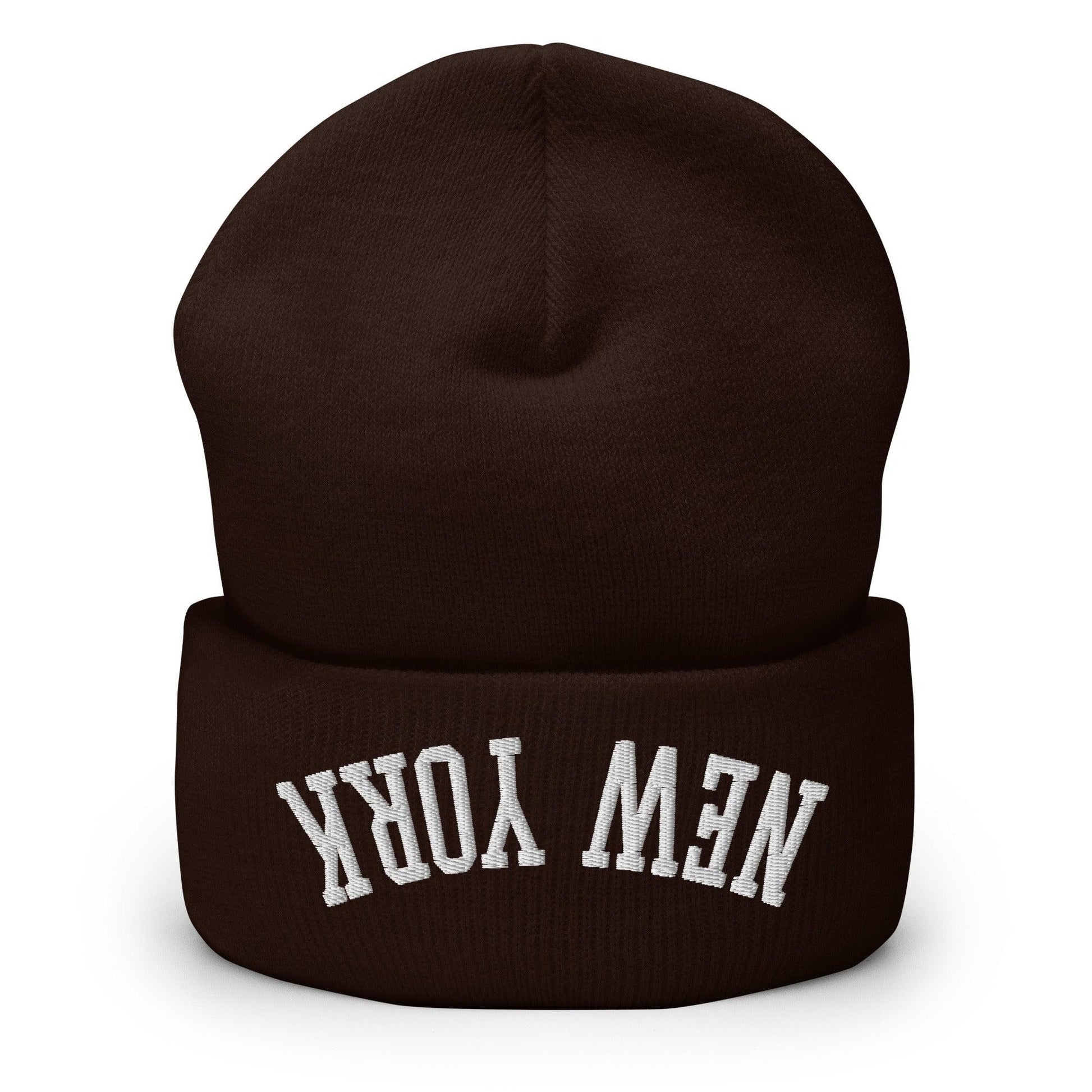 Upside Down New York Embroidered Knit Cuffed Beanie - Brown