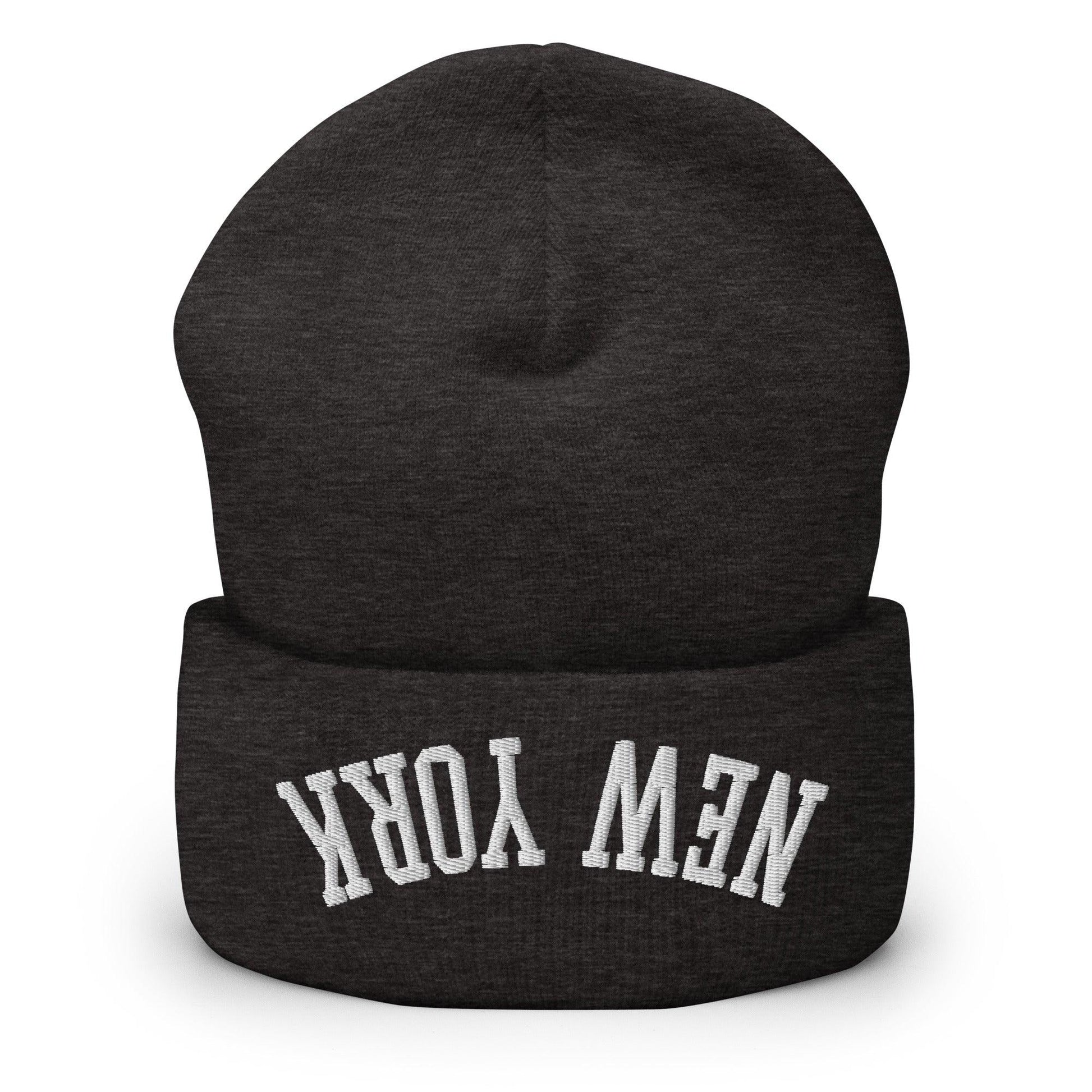 Upside Down New York Embroidered Knit Cuffed Beanie - Dark Grey