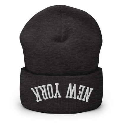 Upside Down New York Embroidered Knit Cuffed Beanie - Dark Grey