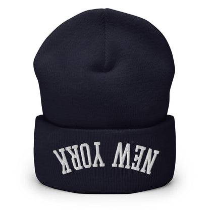Upside Down New York Embroidered Knit Cuffed Beanie - Navy