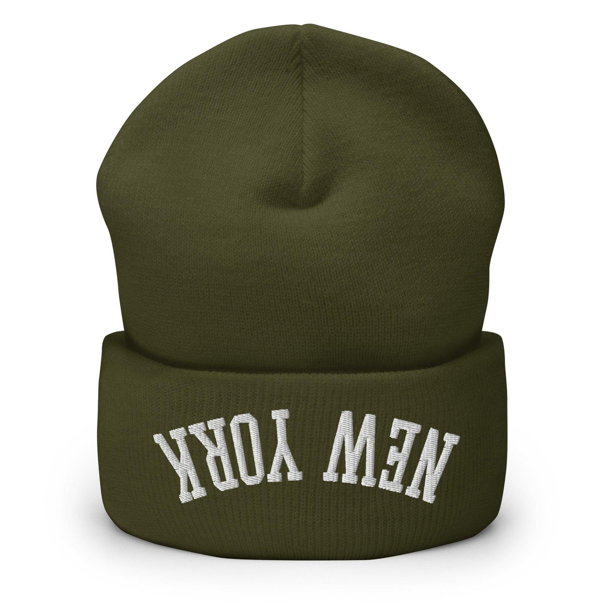 Upside Down New York Embroidered Knit Cuffed Beanie - Olive