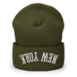 Upside Down New York Embroidered Knit Cuffed Beanie - Olive