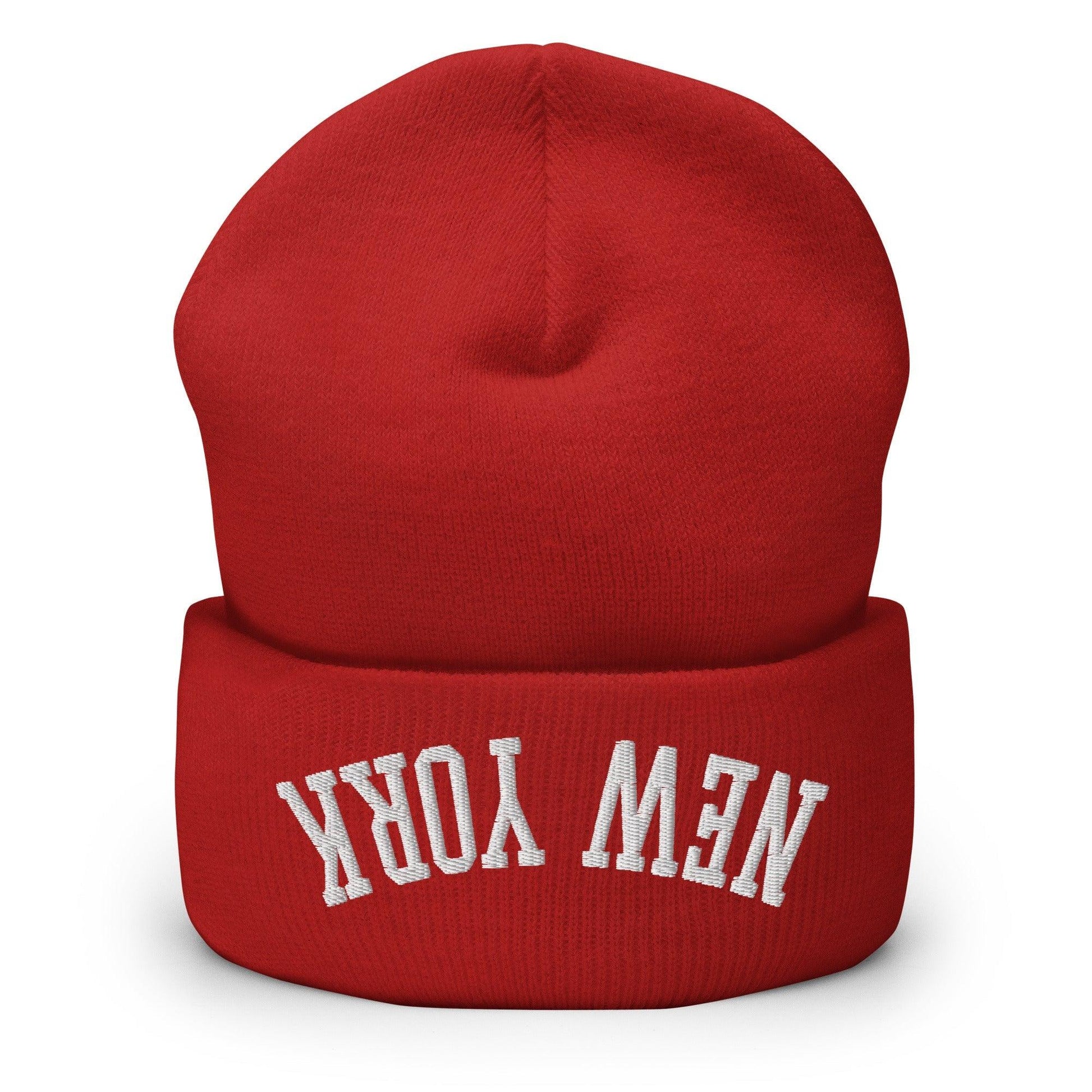 Upside Down New York Embroidered Knit Cuffed Beanie - Red