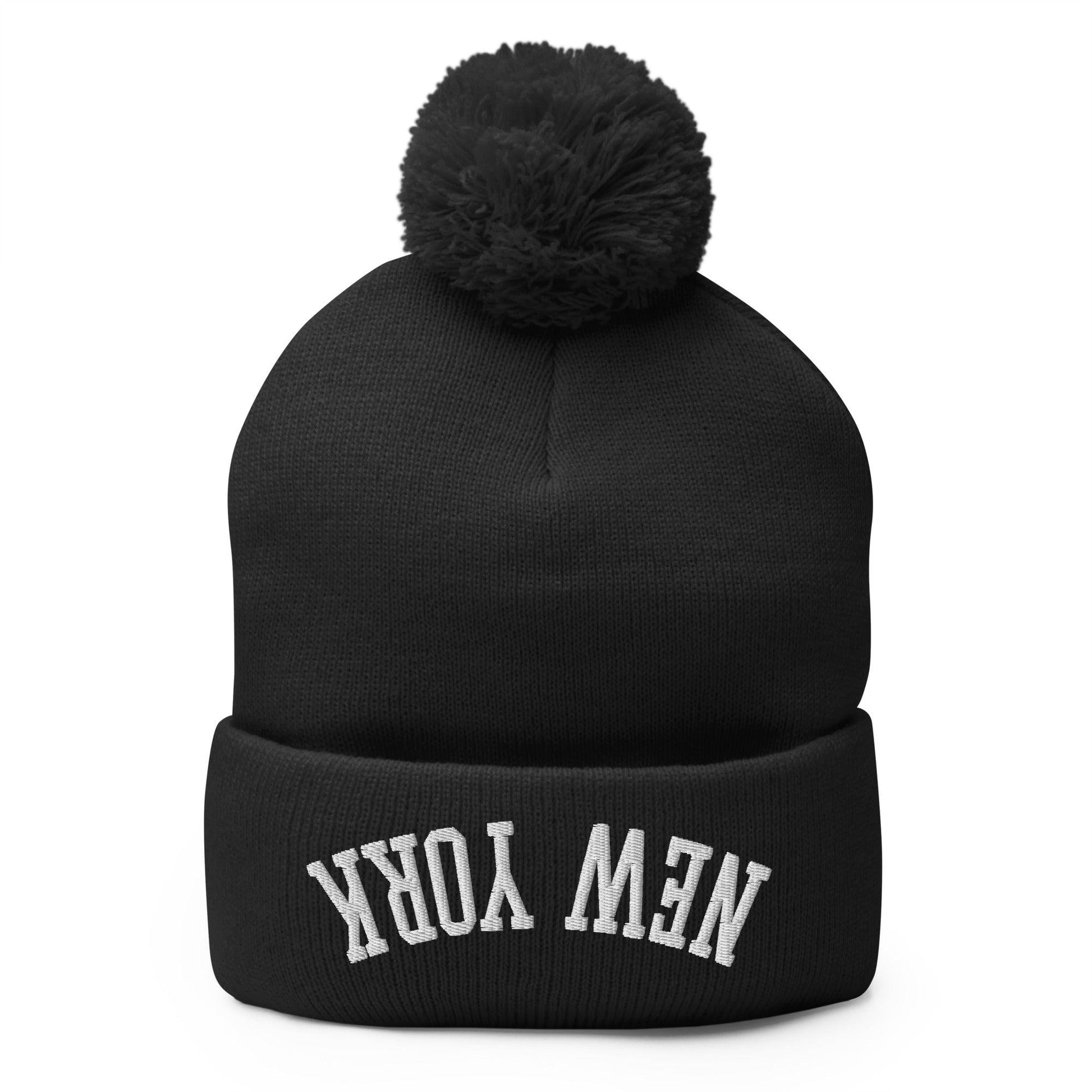 Upside Down New York Embroidered Knit Pom Beanie - Black