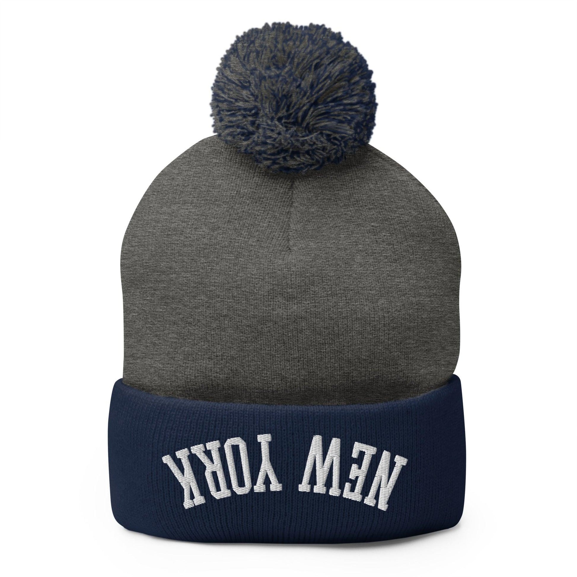 Upside Down New York Embroidered Knit Pom Beanie - Dark Heather Grey/ Navy