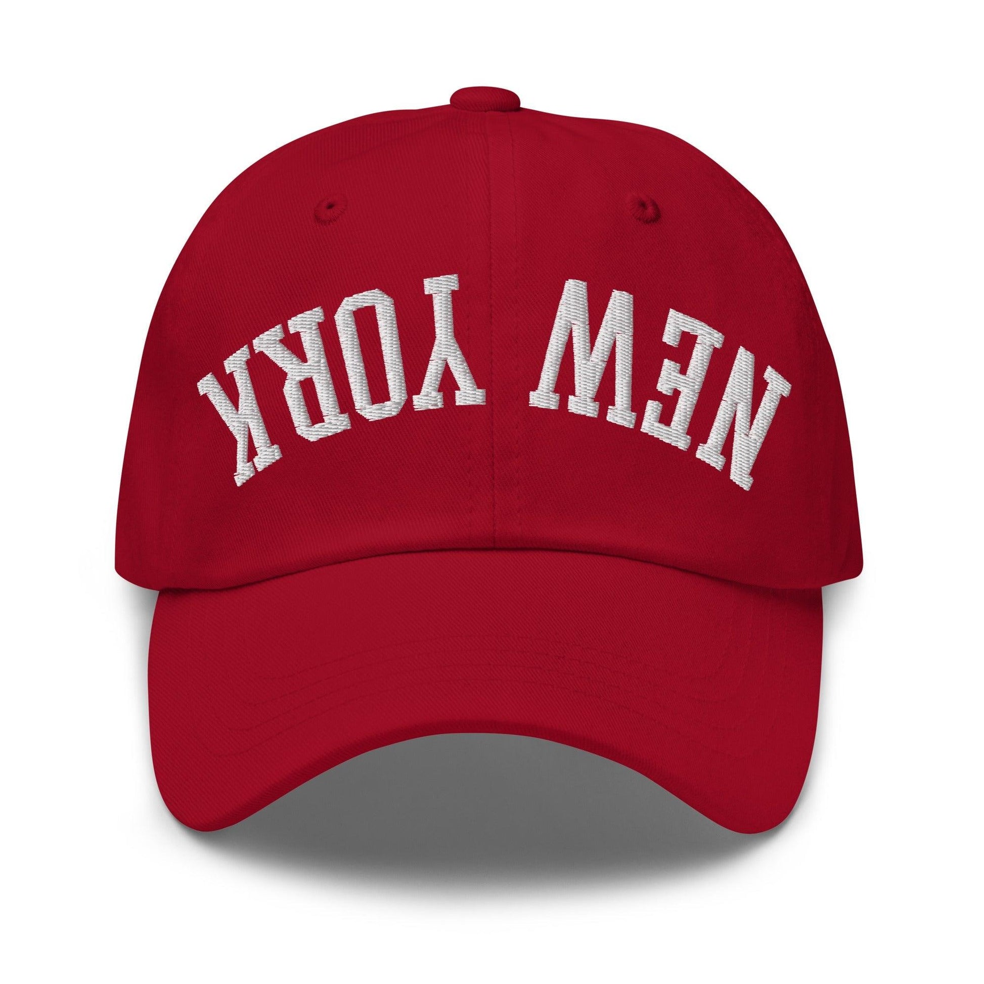 Upside Down New York Varsity Letterman Embroidered Dad Hat - Cranberry
