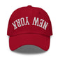 Upside Down New York Varsity Letterman Embroidered Dad Hat - Cranberry
