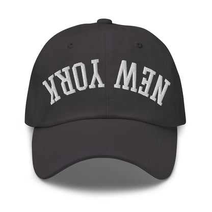 Upside Down New York Varsity Letterman Embroidered Dad Hat - Dark Grey