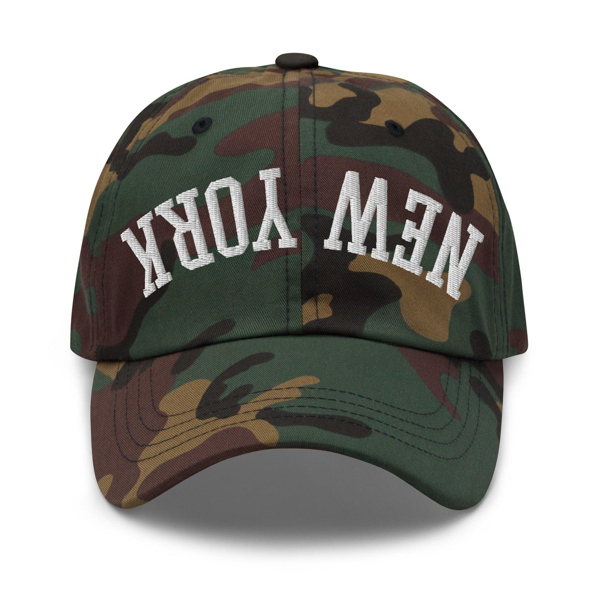 Upside Down New York Varsity Letterman Embroidered Dad Hat - Green Camo
