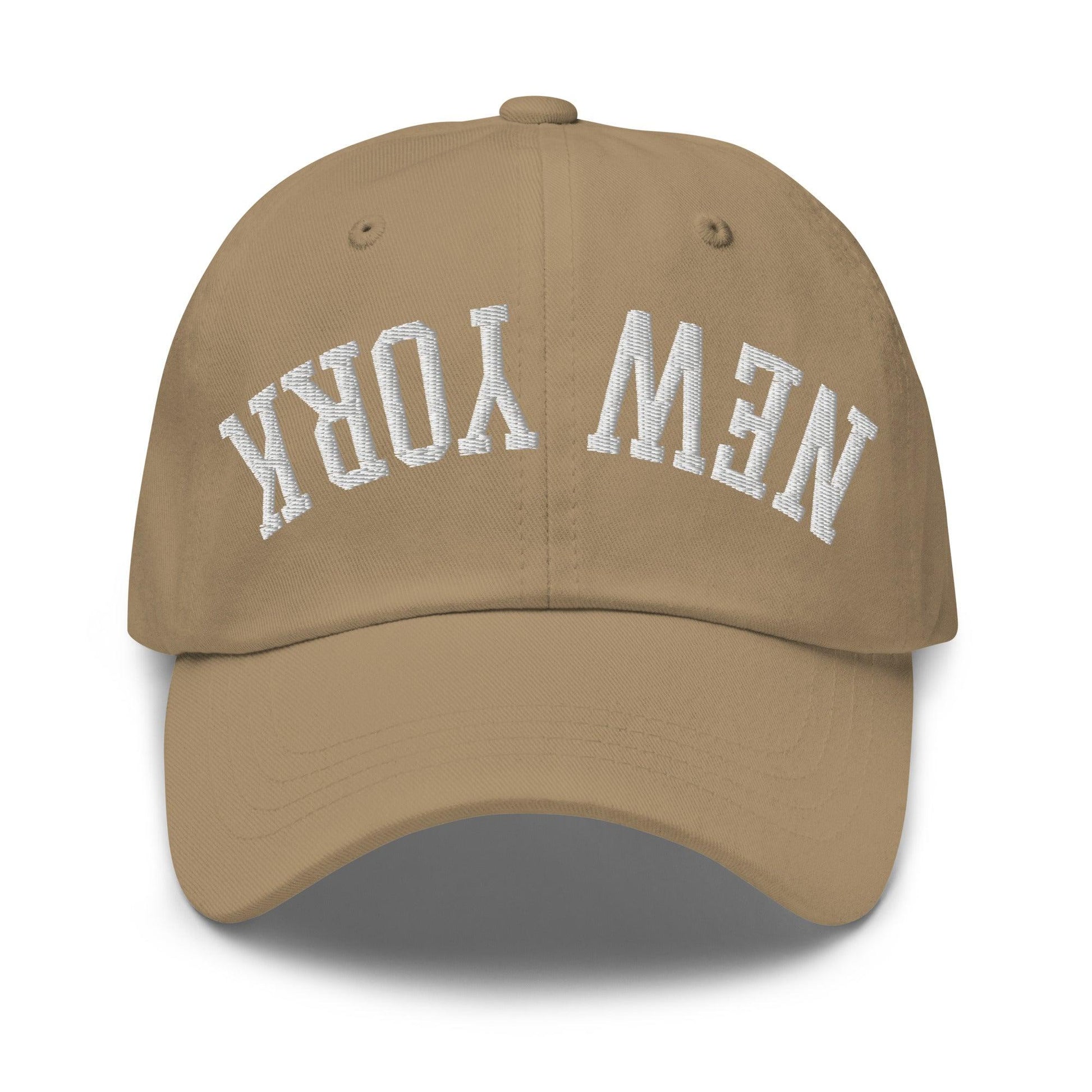 Upside Down New York Varsity Letterman Embroidered Dad Hat - Khaki